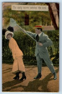 1915 Romance Couple Man With Net The Early Worm Catches The Bird Posted Postcard