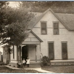 c1910s 2 Cute Kids House Porch RPPC Boy Girl Child Handwriting Real Photo A147