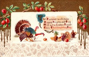 Thanksgiving Greetings With Turkeys and Fruit