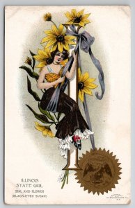 Illinois State Girl Seal & Flower Black-Eyed Susan Unp Postcard X25