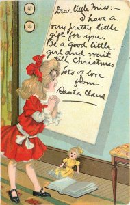 Embossed Christmas Postcard Ser. 1926 Girl in Red Dress Reads Letter from Santa