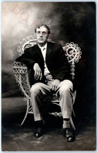 ID'd c1910s Handsome Man Wicker Spectacles RPPC Real Photo Postcard Heling A121