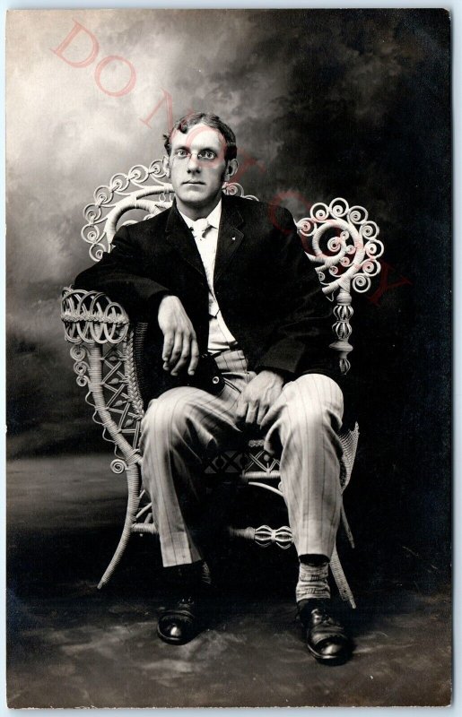 ID'd c1910s Handsome Man Wicker Spectacles RPPC Real Photo Postcard Heling A121