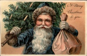 Christmas Santa Claus Blue Cloak Hat Embossed PFB c1900-20s Vintage Postcard