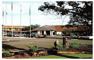 Ashland Hills Inn w Flags Old Cars Vtg Oregon Motel Postcard