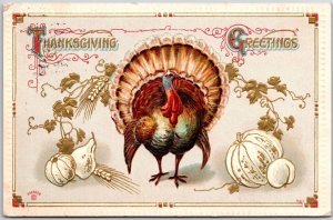 1911 Thanksgiving Greetings Turkey Fruits & Vegetables Posted Postcard