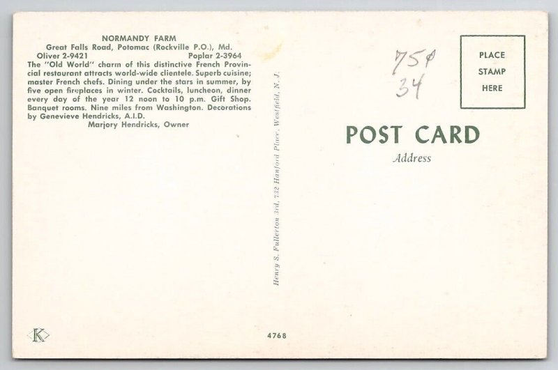 Potomac Maryland Normandy Farm Restaurant Dining Room Postcard E23
