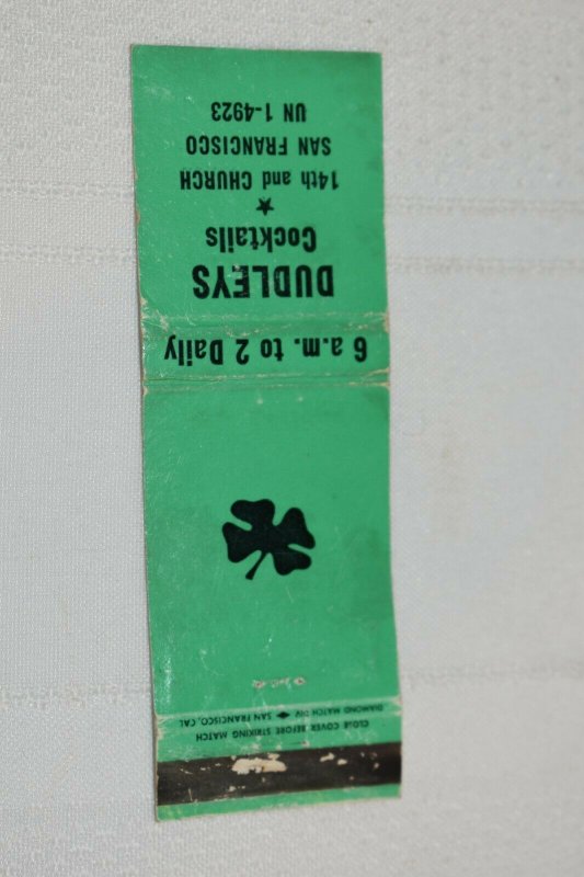 Dudleys Cocktails San Francisco Shamrock Green 20 Strike Matchbook Cover