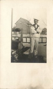 United States Seaman Navy Man Sailor Suit Next to Well on Farm Cant Find The Sea