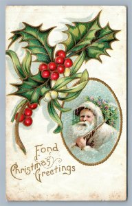 SANTA CLAUS in LIGHT GREEN ROBE w/ CHRISTMAS TREE EMBOSSED 1908 ANTIQUE POSTCARD