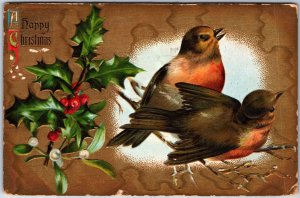 VINTAGE POSTCARD HAPPY CHRISTMAS PAIR OF ROBBIN BIRDS THISTLE PLAINFIELD NJ 1908