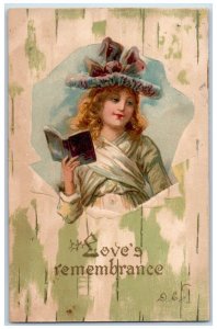 1907 Valentine Loves Remembrance Woman Holding Book Nash Antique Postcard