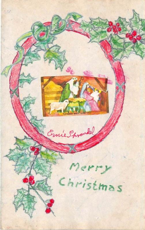 Merry Christmas Postcard HANDMADE Hand-Painted Sprandel Wooster Ohio WREATH 214 