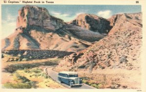 Vintage Postcard 1930's El Captain Highest Peak in Texas TX Bus on Road