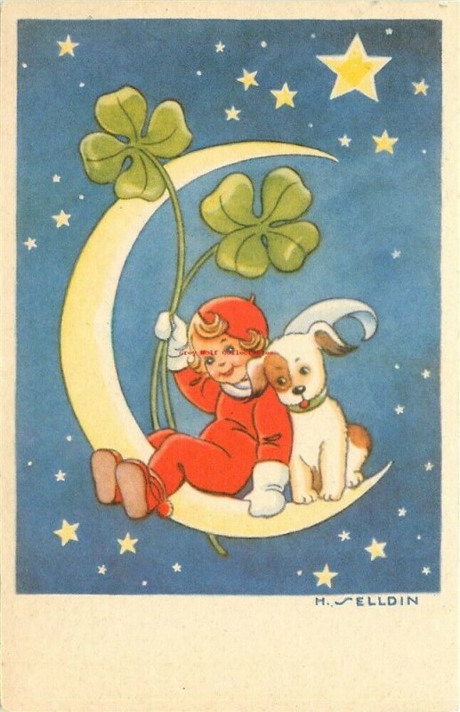 Artist Signed, H. Elldin, Little Girl and Dog on Moon