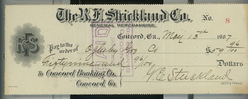 1907 R.F. Strickland Co. Concord Ga Check $59.96 Oglesby Grocery Co   A6