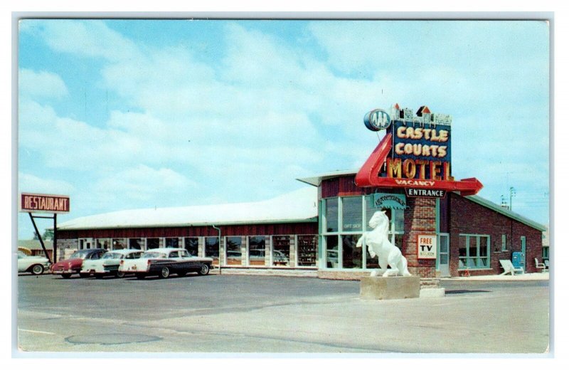 NIAGARA FALLS, NY ~Roadside CASTLE COURTS RESTAURANT, Motel c1950s Cars Postcard