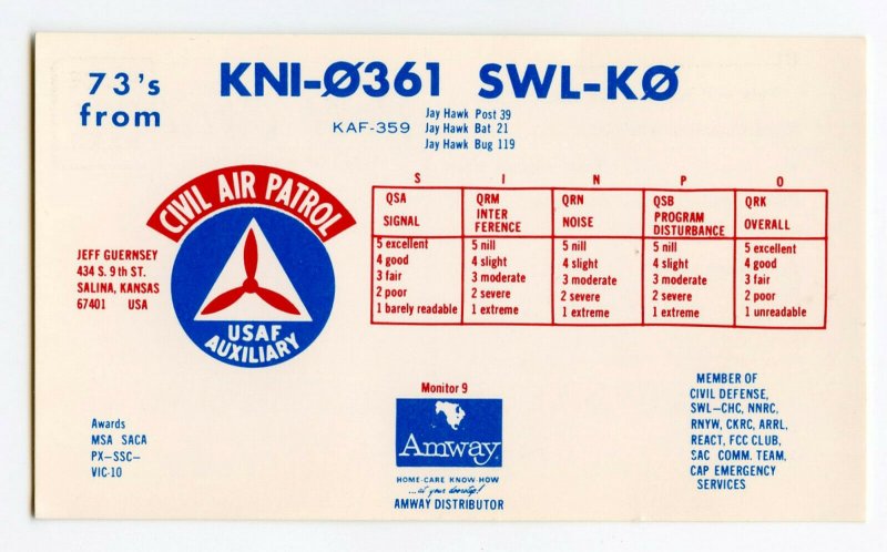 Nice Used QSL Radio Card From Salina Kansas KNI-0361