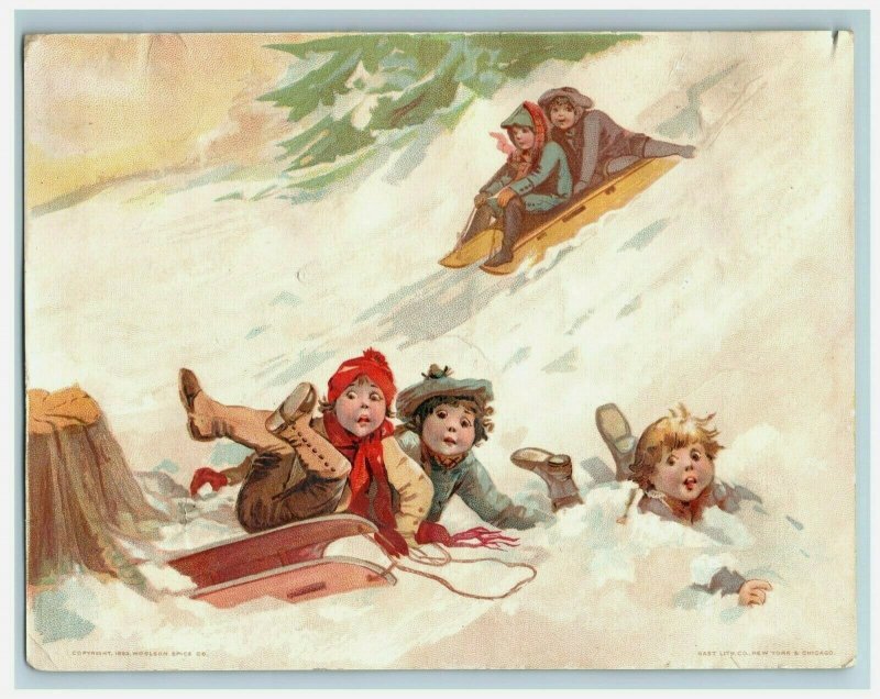 1893 Christmas Lion Coffee Woolson Spice Co. Children Sledding Snow *D