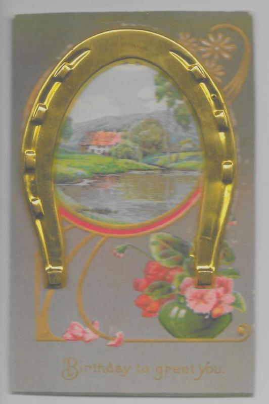  Birthday greeting scenic view attached metal horseshoe antique pc Z14390