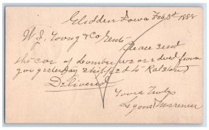 1888 Send Car of Lumber Glidden Iowa IA Clinton IA Antique Postal Card 