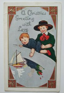 Vintage Christmas Postcard Children Sailing Boat Ship Whitney Embossed 1914