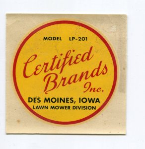 Certified Brands Inc Lawn Mower Division Model LP-201 Des Moines Iowa Decal NOS