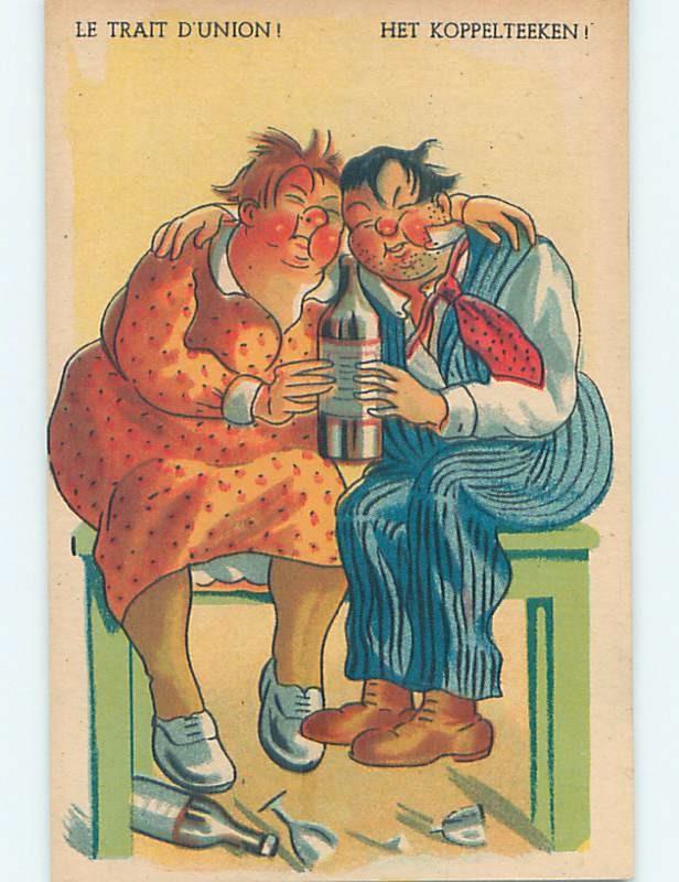 Pre-Linen foreign FAT WOMAN AND MAN SHARING A BOTTLE OF BOOZE HL9862@