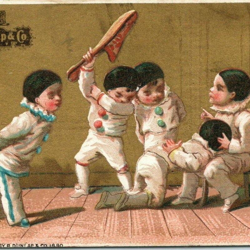 1880 Syracuse NY Dunlap Hats Clown Boys Spank Wemple Victorian Trade Card C16