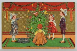 Christmas Greetings Children Admiring Tree 1908 Postcard S9