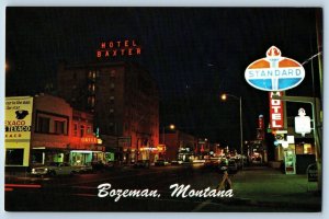 Bozeman Montana MT Postcard Night Scene Main Street Hotel Baxter Building c1960