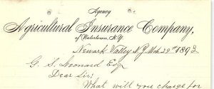 1893 WATERTOWN NY AGRICULTURAL INSURANCE COMPANY AGENCY LETTER BILLHEAD Z4220