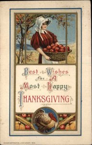 Thanksgiving Beautiful Woman Bonnet Hat Apple Picking Winsch c1910 Postcard