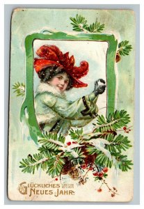 Vintage 1909 Tuck's German New Year Postcard Beautiful Woman in Red Hat