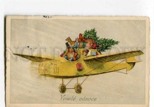 3033803 SANTA CLAUS on PLANE w/ TEDDY BEAR Vintage color PC