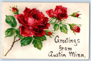 Austin Minnesota Postcard Greetings Roses Flower Glitter c1910 Vintage Antique