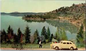 View Overlooking Lake Coeur d'Alene ID Car, Union Oil 76 Vintage Postcard A46
