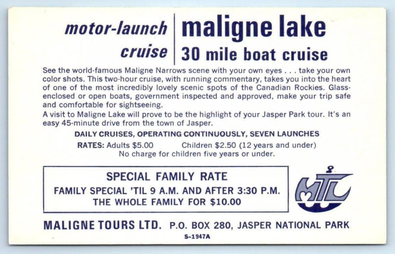 MALIGNE LAKE, Jasper National Park Alberta Canada ~ MOTOR LAUNCH CRUISE Postcard