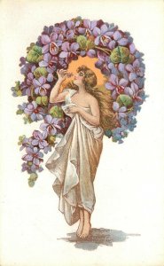 Vintage Italian Art Postcard 4048-6 Lovely Lady Smells Violets that Surround Her