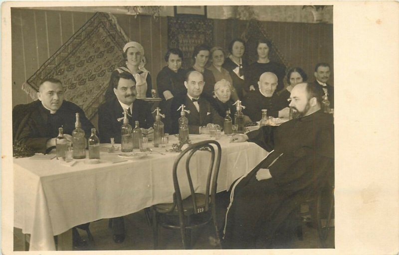 Social history vintage photo postcard priest people party Romania