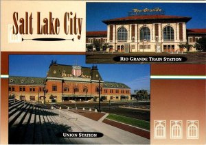 Salt Lake City, UT Utah  RIO GRANDE & UNION TRAIN STATIONS Railroad 4X6 Postcard