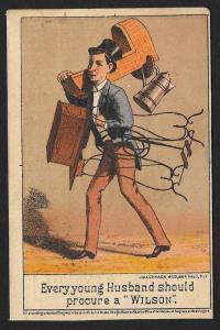 VICTORIAN TRADE CARD Wilson Sewing Machine Man Cradle & Sewing Machine c1871