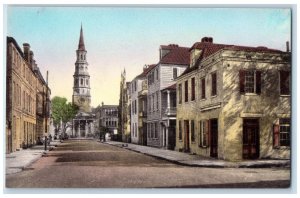 c1940s Old Church Street South And St. Philip's Church Charleston SC Postcard