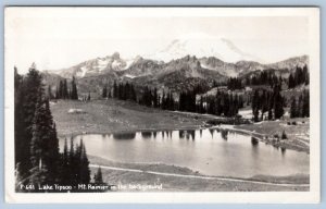 RPPC LAKE TIPSOO MT RANIER IN THE BACKGROUND WASHINGTON 1950's WEOTT CA POSTMARK