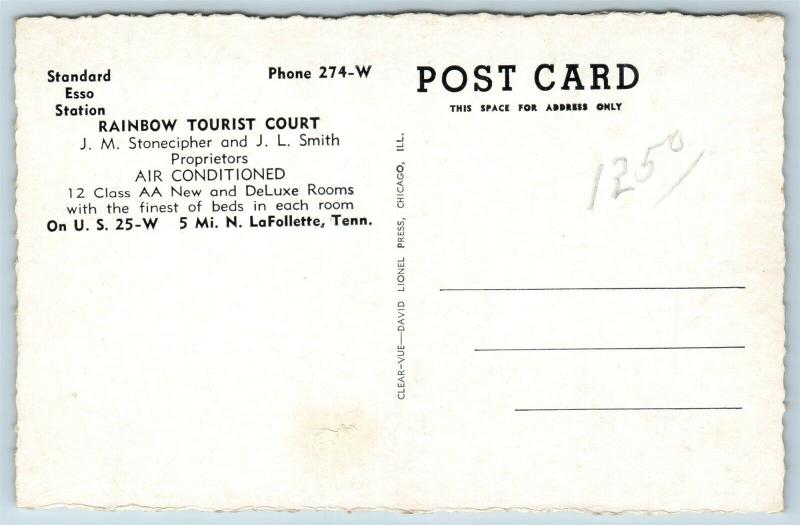 Postcard TN LaFollette Rainbow Tourist Court Standard Esso Gas Service Pumps S17