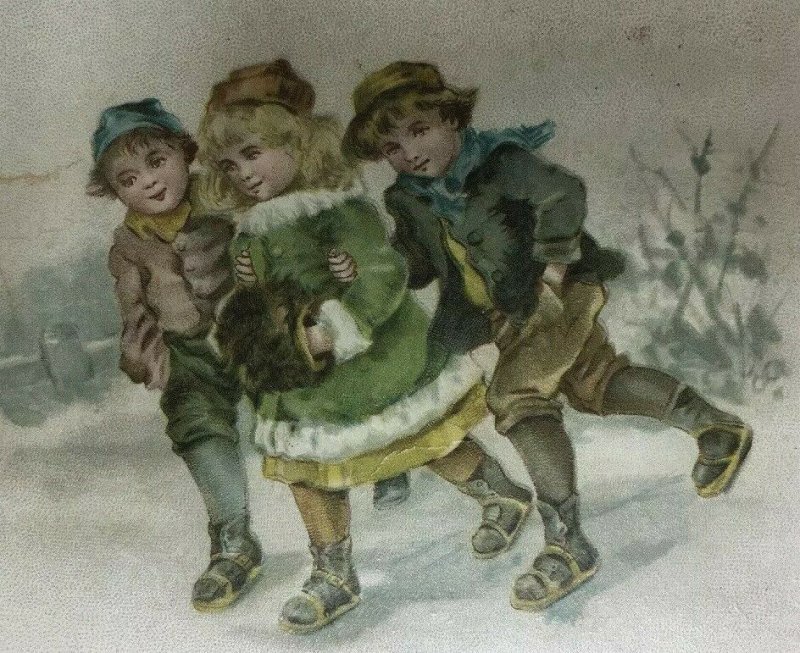 Victorian Trade Card Boys Girl Ice Skating Muff Lion Coffee Woolson Spice