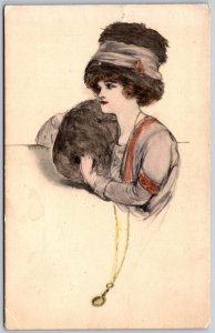 Vtg Art Pretty Lady Fur Hat Muff Hand Colored Artist 1910s Postcard