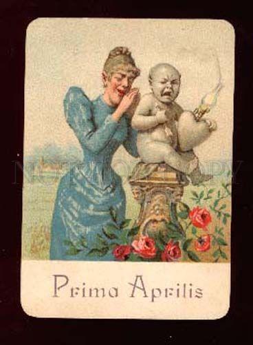 006121 1st APRIL Crying Lady w/ Baby CUPID Vintage Card