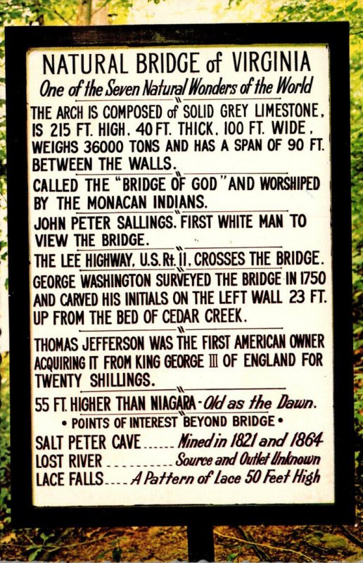 Virginia Natural Bridge Information Board Located At Entrance