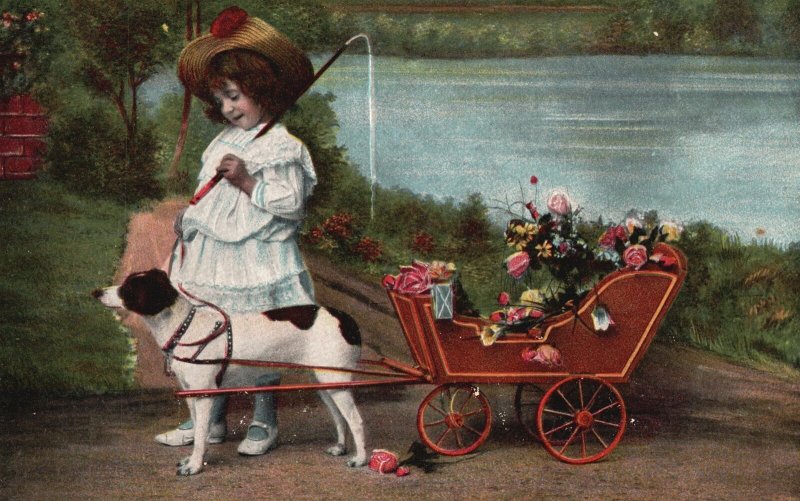 Vintage Postcard Little Girl With Her Pet Dog Dragging Cart of Flowers 